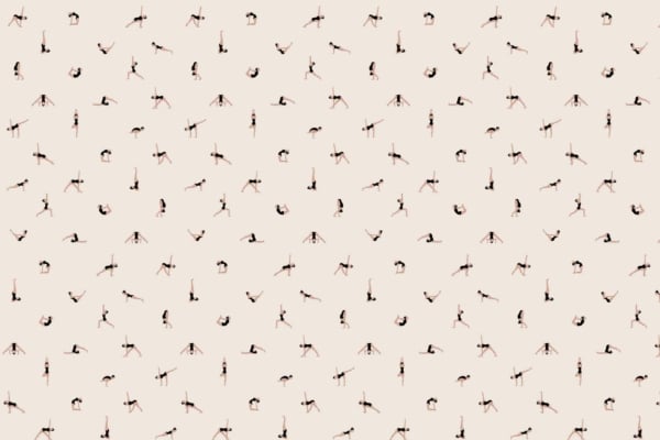 A grid of small human figures in various yoga poses on a pale beige background. Poses include standing, seated, and inverted positions, creating a visually rhythmic pattern. Elements: figures performing yoga, serene imagery. Colors: pale beige background with detailed human forms in muted colors.