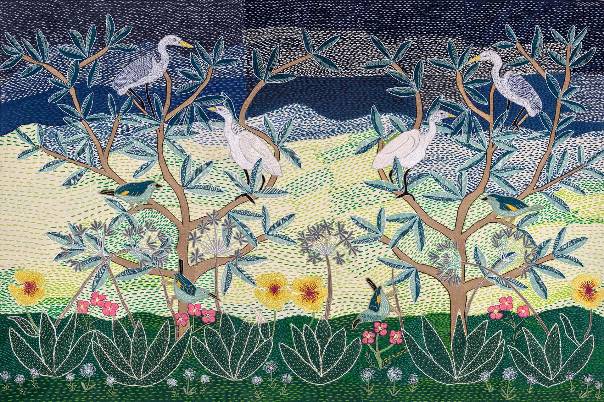 An artistic wallpaper showcases an intricate scene of various birds perched on leafy trees adorned with colorful flowers. The backdrop blends dark and light hues, creating a vibrant, textured landscape. Among the stitched foliage, different bird species, including herons, highlight the rich detail and dynamic colors in this nature-inspired design.