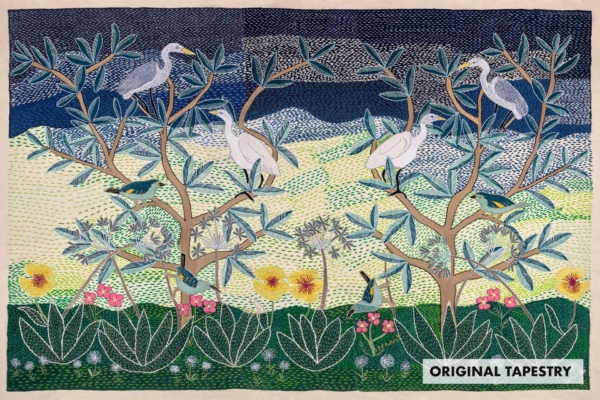 The wallpaper features an intricately designed tapestry. It displays various birds perched on tree branches with a backdrop of mountains, blue sky, and hills. The foreground showcases blooming flowers and greenery. Labeled in the bottom right corner: "ORIGINAL TAPESTRY.