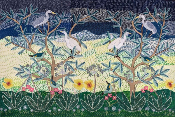 The wallpaper features detailed illustrations with white birds perched on two stylized trees adorned with green and blue leaves. Smaller birds in matching blue and green hues are scattered whimsically across the scene. The backdrop blends a stitched night sky that gradually transitions to lighter colors at the horizon.
