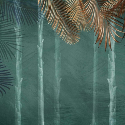 Teal background, faint tree trunk outlines, overhanging brown palm fronds, dark green palm fronds, abstract layered look. Tropical forest vibes.