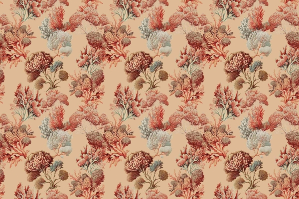 Seamless coral pattern wallpaper in shades of red, white, and brown on a beige background. Intricate coral designs evenly spaced for a balanced, beach-inspired print. Ideal for coastal decor.