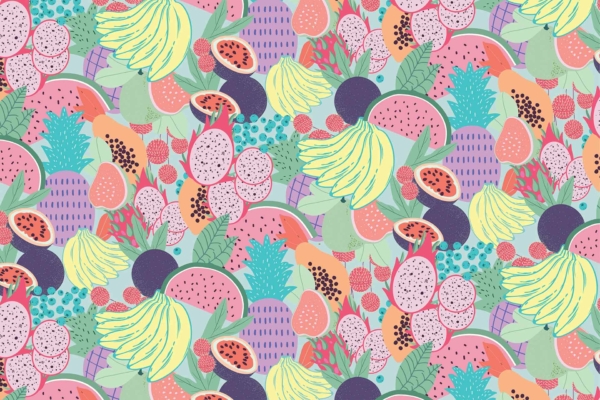 A lively wallpaper featuring a vibrant, repetitive design with tropical fruits: bananas, pineapples, watermelons, papayas, dragon fruits, and passion fruits. Set against a multicolored Carmen-inspired background with green leaves and vivid accents in red, pink, yellow, orange, and teal.