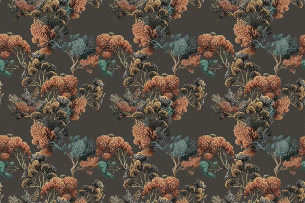 Seamless pattern wallpaper with intricate floral designs, featuring orange, teal, and beige leaves and flowers on dark backgrounds. Dense, overlapping arrangement with detailed, nature-inspired aesthetics reminiscent of vibrant beach sunsets. Perfectly captures the essence of coastal dusk hues in a rich display of organic elements.