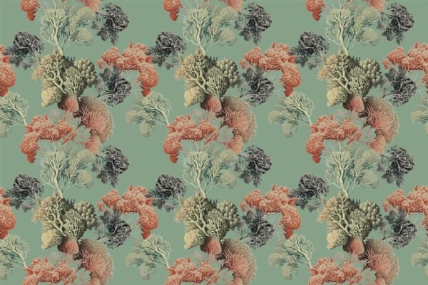 Wallpaper features an intricate repeating pattern of red, cream, and soft green corals set against a muted teal background. Richly detailed coral designs create a textured, tranquil beach aesthetic.