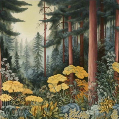 Dense lush forest wallpaper featuring tall redwood trees, abundant green underbrush, yellow and white flora. Background shows more trees fading into a foggy distance for depth and tranquility.