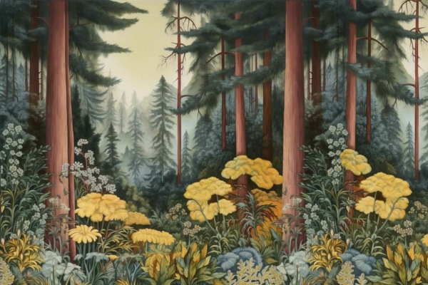 Dense lush forest wallpaper featuring tall redwood trees, abundant green underbrush, yellow and white flora. Background shows more trees fading into a foggy distance for depth and tranquility.