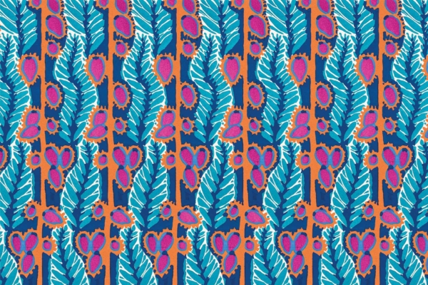 A vibrant pattern with rows of blue and teal tropical leaves interspersed with pink and orange fruit-like shapes on a dark blue background. The design is repetitive and symmetrical, creating a bold and colorful visual effect like an enchanted forest hideout.