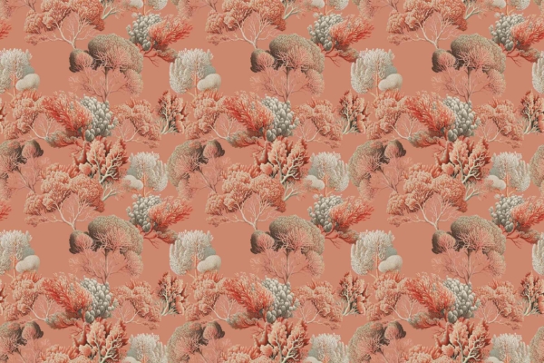 A seamless wallpaper pattern showcasing hand-drawn corals and marine life in shades of red, white, and beige against a muted coral-colored background. The design is intricate and detailed, evoking the texture of underwater treasures. Elements include various corals, marine creatures like fish and shells, all rendered in a visually rich style.