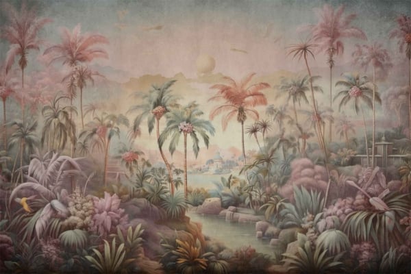 Wallpaper features a serene exotic jungle scene with tropical plants and trees in pastel tones. Background includes a hazy sunrise illuminating a distant village. Birds flying in the sky add movement, while a small stream flows through lush vegetation in the foreground. Colors: pastel greens, pinks, blues, and soft yellows.