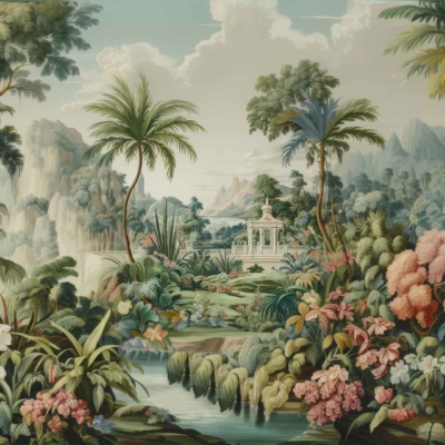 Wallpaper features a lush, vibrant garden with colorful flowers and tropical plants, set against a backdrop of greenery. A white gazebo is prominent in the background, surrounded by lush foliage. Mountains rise under a cloudy sky while a small stream flows through the scene. Predominant colors include various shades of green, florals in pinks, reds, yellows, and purples, with white from the gazebo and blues/greys from the sky and mountains.