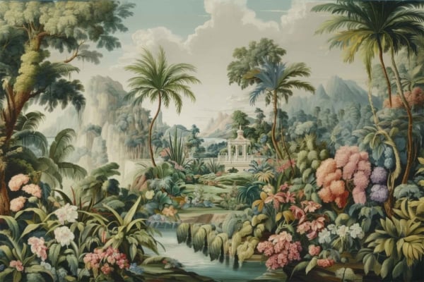 Wallpaper features a lush, vibrant garden with colorful flowers and tropical plants, set against a backdrop of greenery. A white gazebo is prominent in the background, surrounded by lush foliage. Mountains rise under a cloudy sky while a small stream flows through the scene. Predominant colors include various shades of green, florals in pinks, reds, yellows, and purples, with white from the gazebo and blues/greys from the sky and mountains.
