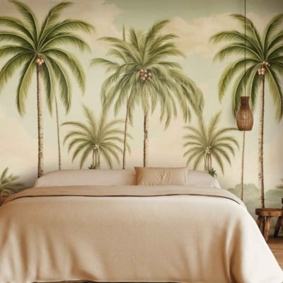 Mural of palm trees: lush green fronds, varying shades of green, tall brown trunks, hints of tropical flowers, soft blue sky background.