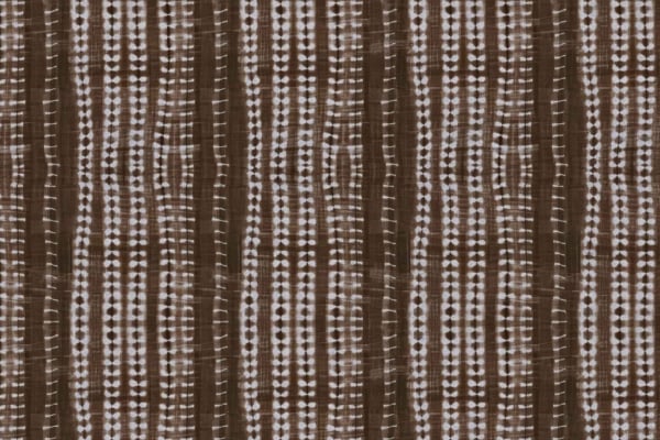 Abstract wallpaper featuring vertical brown stripes interspersed with dotted white lines and shapes, evoking a Shibori dyeing technique. The design has a rhythmic and textured quality, with varying widths and subtle shading in the brown stripes for added depth.