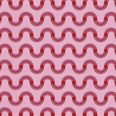 Light pink background, wavy lines, shades of red and pink, geometric design, Shibori Japanese textile technique, evenly spaced waves, serpentine visual effect.