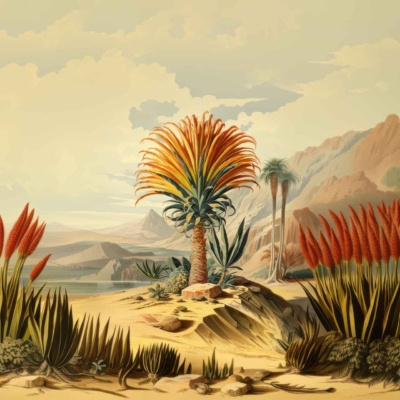 Desert landscape wallpaper features vibrant, colorful plants. Foreground: clusters of spiky red flowers contrasting sandy terrain. Center: exotic plant with a red and yellow crown. Background: rocky mountains, sparse vegetation. Colors: red, yellow, sand tones, hints of green.