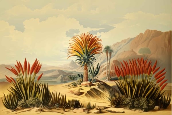 Desert landscape wallpaper features vibrant, colorful plants. Foreground: clusters of spiky red flowers contrasting sandy terrain. Center: exotic plant with a red and yellow crown. Background: rocky mountains, sparse vegetation. Colors: red, yellow, sand tones, hints of green.