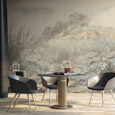 Nature-inspired mural featuring muted tones, plants, and foliage. Depiction of branches and leaves with an organic flow, creating a serene backdrop. Predominantly soft greens, earthy browns, and subtle hints of gray.