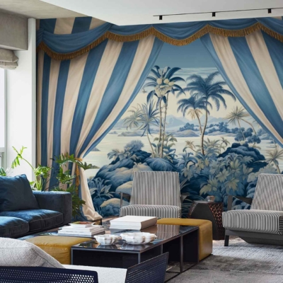The wallpaper features a large, bold mural of a tropical landscape with palm trees and a scenic view, styled to appear framed by theatrical blue and white curtains with gold trim. The design includes lush green palm leaves, deep blue waters, rich earth tones for the landscape, and vivid hues for the sky.