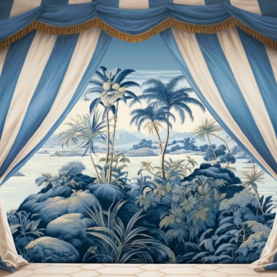 A picturesque mural wallpaper features a tropical landscape with lush palm trees and vibrant plants, framed by grand blue and white striped curtains adorned with gold tassels. The scene includes distant mountains, a calm body of water, and a clear sky. Predominant colors are green (palm trees), blue (curtains and water), white (stripe accents on curtains), gold (tassels), and the natural hues of the tropical setting.