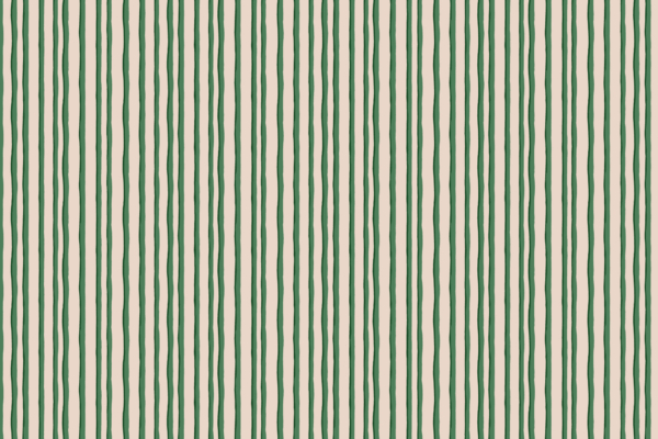 Wallpaper in mint condition featuring vertical green stripes on a light beige background. Stripes are irregularly shaped and unevenly spaced, creating a wavy effect. Colors: green, light beige. Elements: vertical stripes, wavy pattern, irregular spacing.