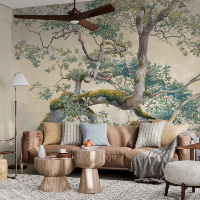 The wallpaper features a large mural of a tree, portraying life