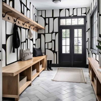 Geometric black and white wallpaper. Triangular patterns. Sharp lines and contrasts. Bold monochrome design, striking visual impact.
