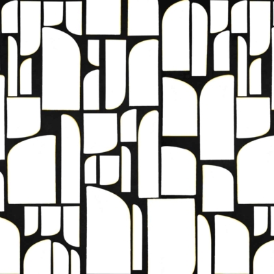 A black-and-white abstract geometric wallpaper features a grid of shapes like arches, rectangles, and curves. The design is repetitive yet irregular, offering a visually striking and modern appearance. The contrasting black and white pattern captures slices of life in every corner through its detailed geometric arrangement.