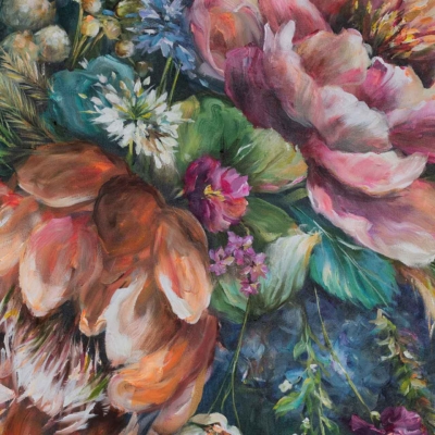 The wallpaper features large, lush peonies in shades of pink, peach, and orange. It includes smaller flowers and green foliage against a dark, rich background.
