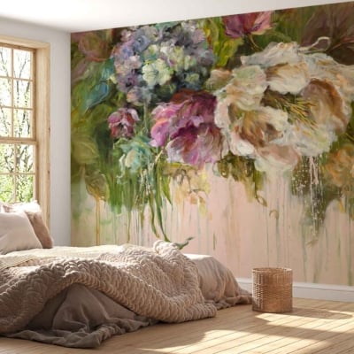 Colorful wall mural featuring abstract flowers in pink, purple, white, and green.
