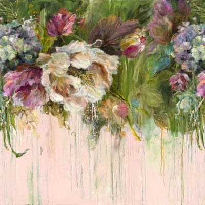 Vibrant wallpaper featuring large, colorful flowers like pink peonies and purple hydrangeas, surrounded by green foliage. Flowers appear to be melting or dripping on a light pastel background, creating a dreamy, abstract effect.