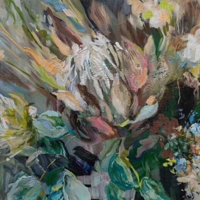 A vibrant and abstract painting of a floral arrangement features flowers in broad, textured brushstrokes with shades of green, blue, white, and pink. The background includes muted colors.