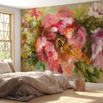 A large, vibrant floral mural covers one wall with colorful strokes of pink, red, yellow, and green.