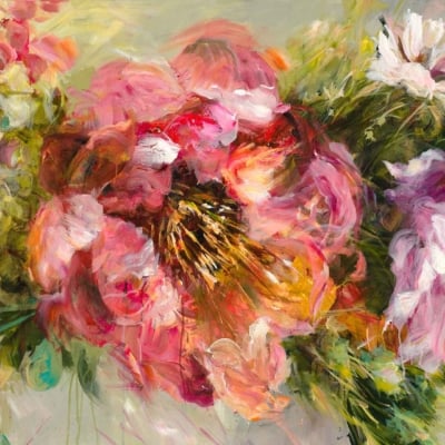 Vibrant bouquet wallpaper featuring a colorful abstract painting. Predominantly pink, red, and white flowers intricately intertwined with bursts of green foliage. Dynamic and fluid brushstrokes create movement and depth. Rich floral symbolism is embodied throughout the design.