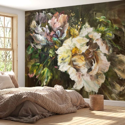 A large floral mural with white and pink flowers on a green background.