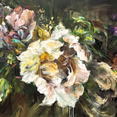 A vibrant wallpaper features large, expressive brushstrokes in soft and bold colors. Predominantly white flowers with pink and yellow hints stand out against a dark green backdrop. Various leaves and blossoms add depth and texture.
