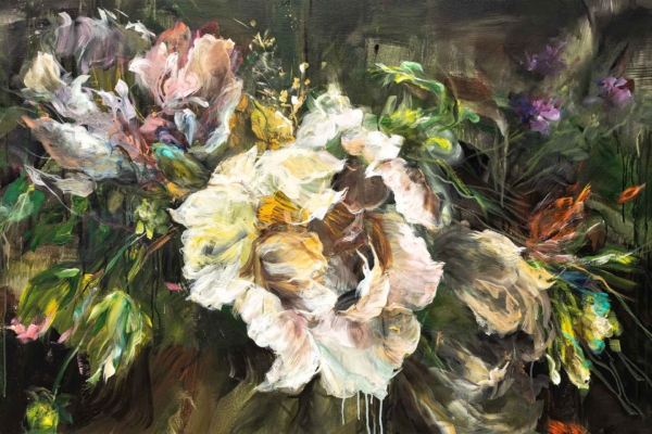 A vibrant wallpaper features large, expressive brushstrokes in soft and bold colors. Predominantly white flowers with pink and yellow hints stand out against a dark green backdrop. Various leaves and blossoms add depth and texture.