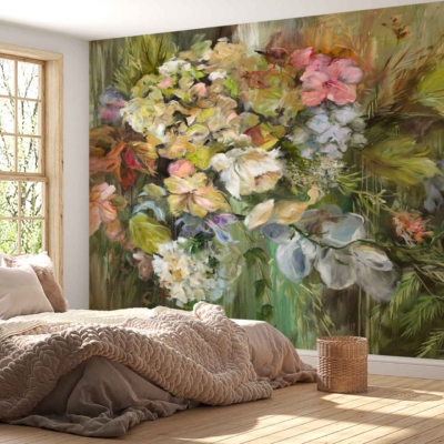 Vibrant floral wall mural: bold, colorful flowers, vivid reds, deep blues, lush greens, bright yellows. Detailed petals and leaves create an intricate pattern. This lively mural enhances any space with its dynamic and cheerful design.