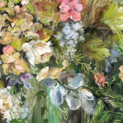 A lush, impressionistic wallpaper features blooms in shades of pink, white, and cream. The bouquet includes roses and hydrangeas with delicate blossoms. Set against a vibrant green background, the foliage includes blurred details for depth and texture.