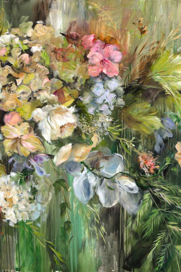 A lush, impressionistic wallpaper features blooms in shades of pink, white, and cream. The bouquet includes roses and hydrangeas with delicate blossoms. Set against a vibrant green background, the foliage includes blurred details for depth and texture.