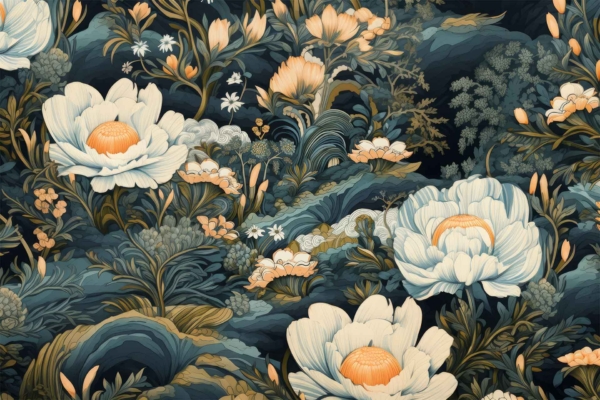 Lush, floral wallpaper with large white peonies with orange centers, detailed green leaves and foliage, smaller flowers and buds. Intricate design set against a dark background.