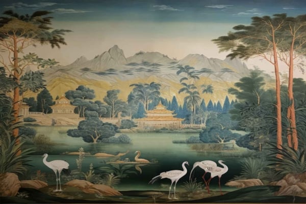 Hand-painted wallpaper featuring a serene landscape with an ornate pagoda amidst lush greenery and a calm lake. Elegant cranes and swans in the foreground. Misty mountains, tall trees frame the scene. Colors: light blue sky, green foliage, white birds, muted earthy tones for pagoda and background elements.