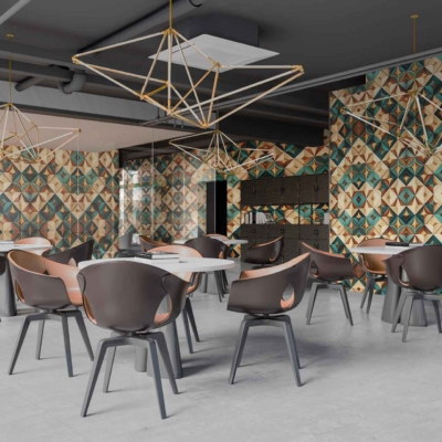 The café interior features wallpaper with geometric patterns in earthy tones. The design includes a mix of triangles, hexagons, and polygons. Dominating colors are muted browns, beiges, olive greens, and deep terracotta. This modern pattern brings a chic touch to the space while maintaining a warm and inviting atmosphere.