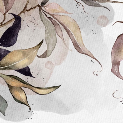 Watercolor wallpaper featuring delicate branches with leaves in muted shades of green, brown, and purple. Soft textured background with subtle gray and taupe splashes. Organic, elegant decorative artwork.