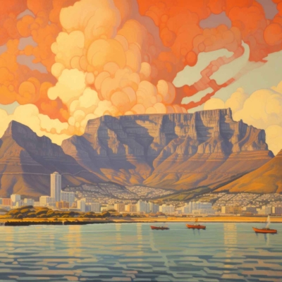 Vibrant wallpaper features a stunning sunset over Cape Town's Table Mountain, with dramatic orange and pink clouds. A bustling cityscape lines the shoreline below, and three boats float in the calm bay waters. Ideal for travel inspiration.