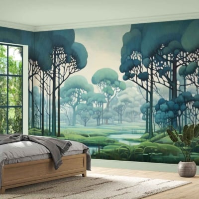 A serene bedroom features a mural with a dreamy forest landscape. The wallpaper showcases tall trees in shades of green and brown, blending into a misty ambiance with hues of gray and white. This tranquil design is decorated with natural elements to exude calmness and natural beauty.