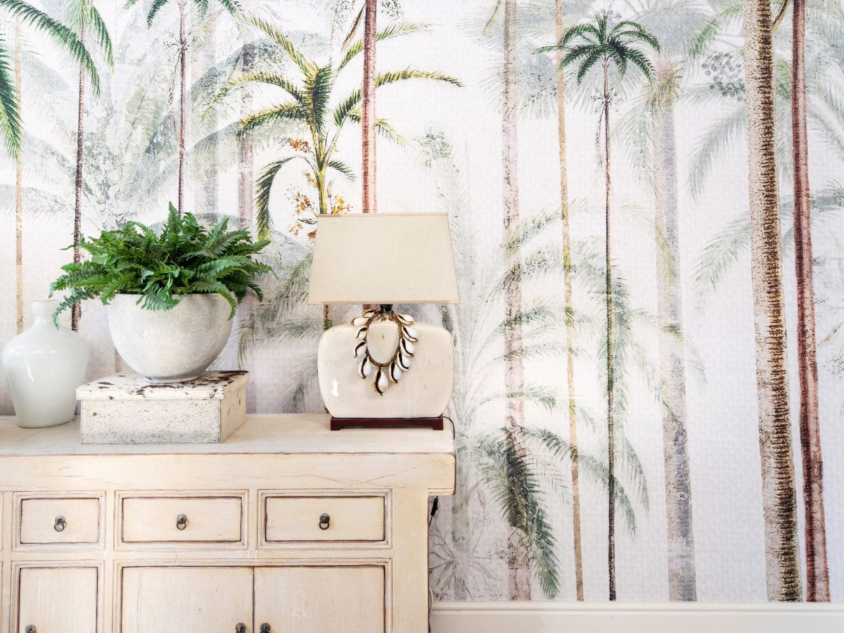 Wall murals in the living room with trees as the design
