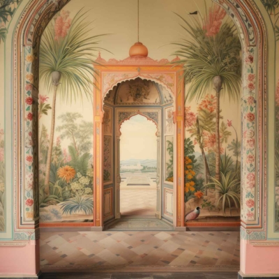 The wallpaper features intricate, colorful **paintings** of **foliage**, **birds**, and **flowers**. The rich and detailed artwork evokes an alternate reality with its vibrant depictions. Key elements include lush greens for the foliage, vivid blues and reds for the birds, and a spectrum of bright hues for the flowers.