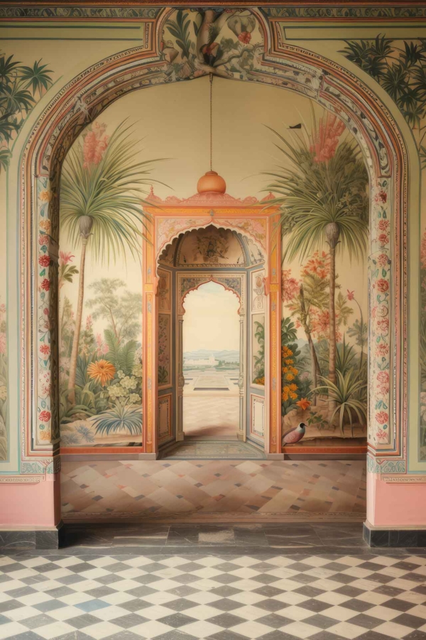 The wallpaper features intricate, colorful **paintings** of **foliage**, **birds**, and **flowers**. The rich and detailed artwork evokes an alternate reality with its vibrant depictions. Key elements include lush greens for the foliage, vivid blues and reds for the birds, and a spectrum of bright hues for the flowers.