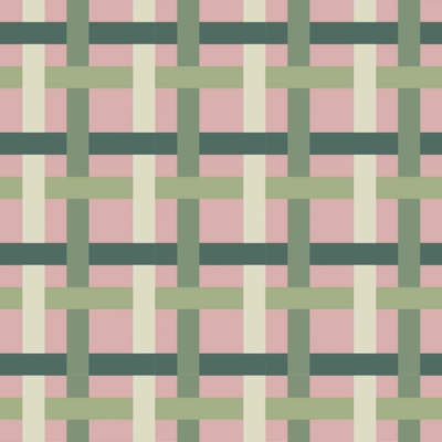 Wallpaper design: A woven lattice pattern featuring alternating vertical and horizontal bands. Bands are green (with slightly varied shades for a layered effect) and cream, set on a pink background. The overall look is reminiscent of a barcode.

Key elements:
- Woven lattice
- Alternating vertical and horizontal bands
- Shades of green (layered effect)
- Cream bands
- Pink background

Color highlights:
- Green shades
- Cream
- Pink